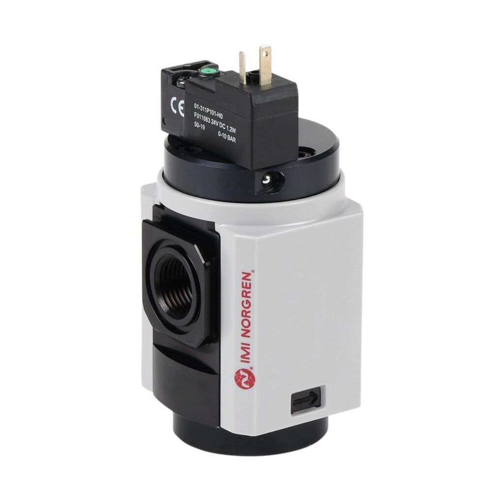 P82C-3AT-PFA - Norgren shut-off valve, 3-port (3-way), 2-position, single solenoid spring return, N.C., 3/8in female NPT inlet(s), 3/8in female NPT outlet(s), 1/4in female NPT exhaust(s), Cv=1.8, 24 VDC operating voltage. For use with Excelon Plus...