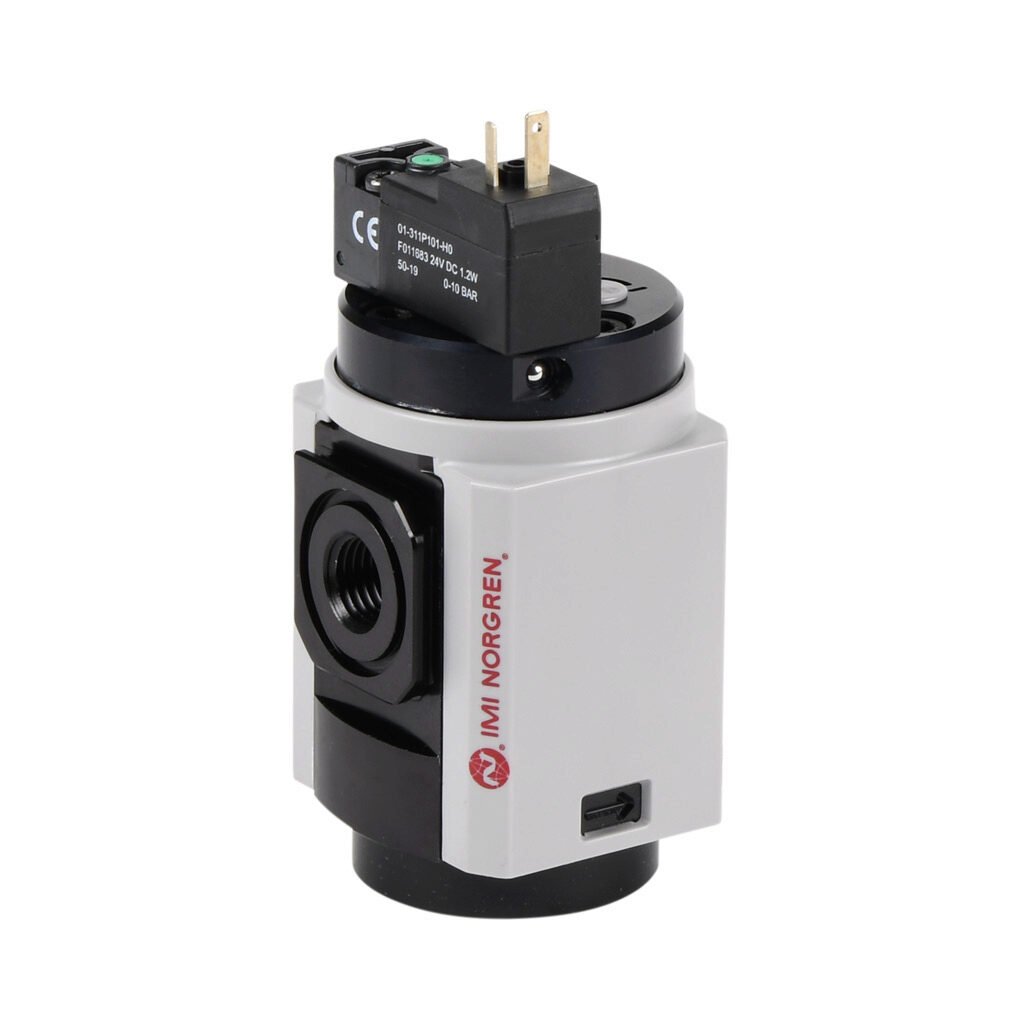 P82F-2AT-PFA - Norgren soft start valve, 3-port (3-way), 2-position, single solenoid spring return, N.C., 1/4in female NPT inlet(s), 1/4in female NPT outlet(s), 1/4in female NPT exhaust(s), Cv=1.7, 24 VDC operating voltage. For use with Excelon Pl...