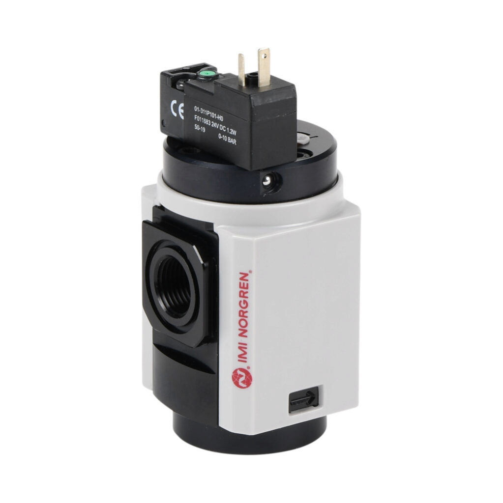 P82F-3AT-PFA - Norgren soft start valve, 3-port (3-way), 2-position, single solenoid spring return, N.C., 3/8in female NPT inlet(s), 3/8in female NPT outlet(s), 1/4in female NPT exhaust(s), Cv=1.8, 24 VDC operating voltage. For use with Excelon Pl...