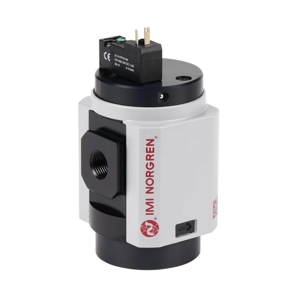 P84C-3AT-PFA - Norgren shut-off valve, 3-port (3-way), 2-position, single solenoid spring return, N.C., 3/8in female NPT inlet(s), 3/8in female NPT outlet(s), 1/2in female NPT exhaust(s), Cv=3, 24 VDC operating voltage. For use with Excelon Plus 8...