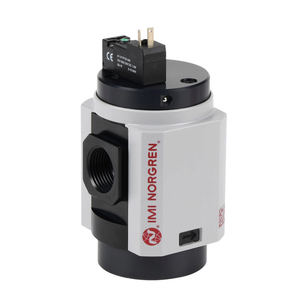 P84C-6AT-PFA - Norgren shut-off valve, 3-port (3-way), 2-position, single solenoid spring return, N.C., 3/4in female NPT inlet(s), 3/4in female NPT outlet(s), 1/2in female NPT exhaust(s), Cv=4.6, 24 VDC operating voltage. For use with Excelon Plus...