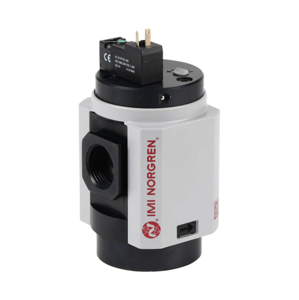 P84F-6AT-PFA - Norgren soft start valve, 3-port (3-way), 2-position, single solenoid spring return, N.C., 3/4in female NPT inlet(s), 3/4in female NPT outlet(s), 1/2in female NPT exhaust(s), Cv=4, 24 VDC operating voltage. For use with Excelon Plus...