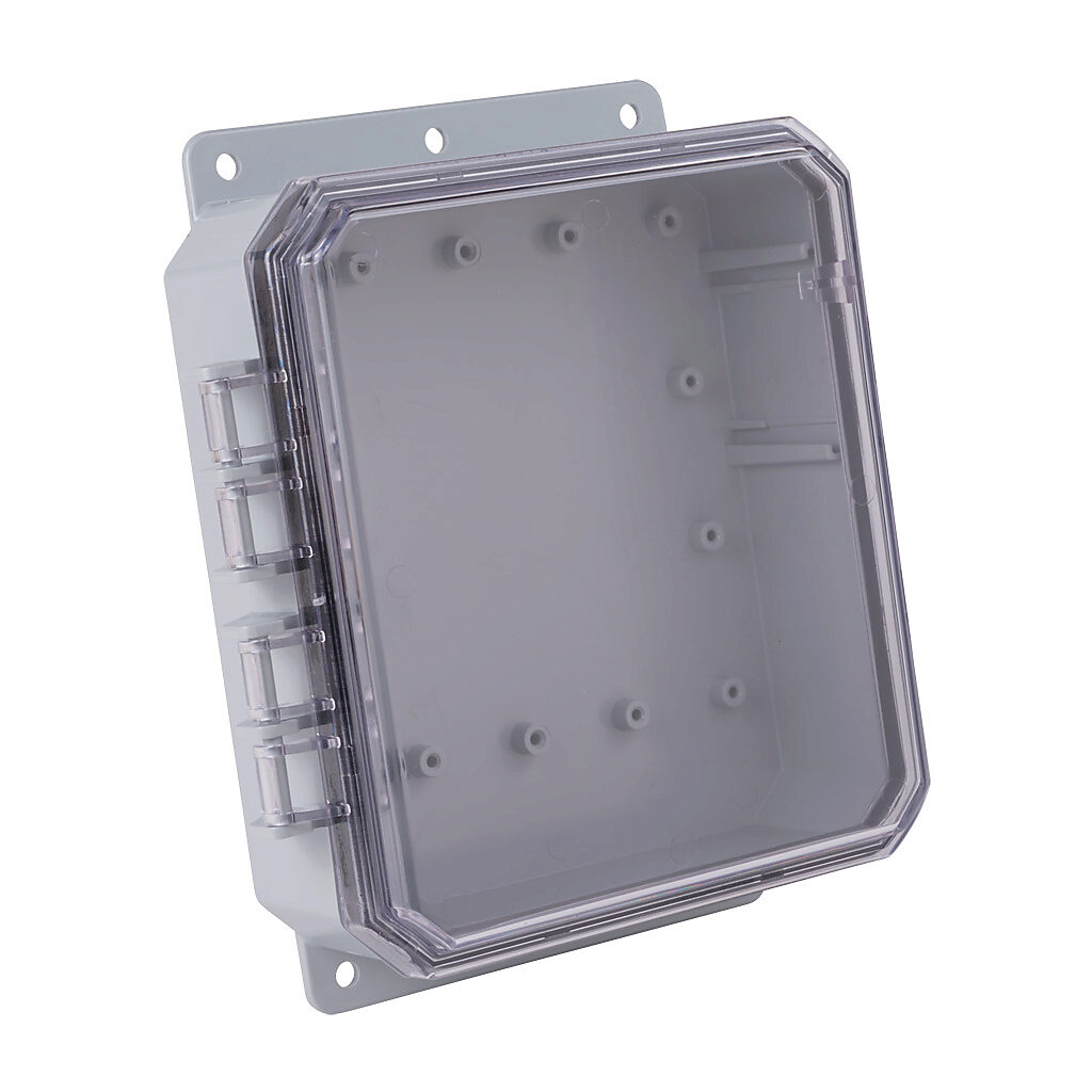 P9082C-P10 - Integra Impact series enclosure, NEMA 1/2/3/3R/3S/4/4X/6/6P/12/13, 9 x 8 x 2in (HxWxD), wall mount, polycarbonate, gray, gloss finish, clear polycarbonate single-door, integrated padlockable latch, integral mounting flange.