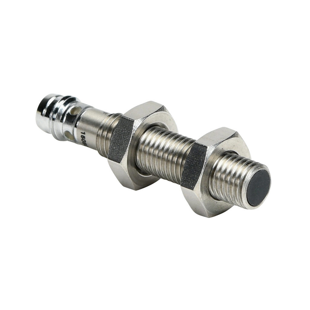 PAE-AN-1F - AchieVe inductive proximity sensor, tubular, 8mm diameter x 45mm body, 304 stainless steel housing, NPN, N.O. output, 1.5mm sensing distance, flush, 5 kHz switching frequency, IP67, 3-pin M8 quick-disconnect.