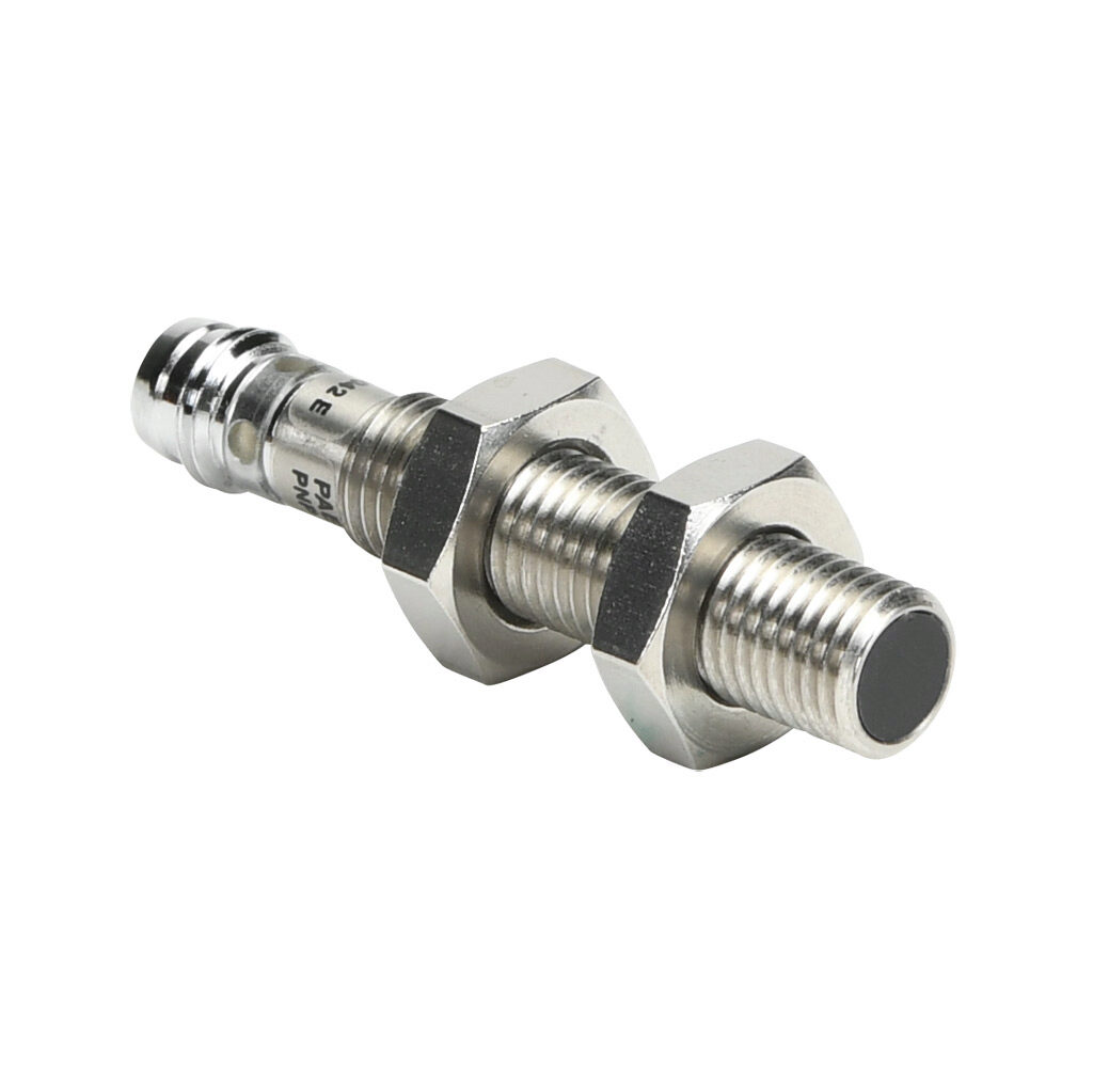 PAE-AP-1F - AchieVe inductive proximity sensor, tubular, 8mm diameter x 45mm body, 304 stainless steel housing, PNP, N.O. output, 1.5mm sensing distance, flush, 5 kHz switching frequency, IP67, 3-pin M8 quick-disconnect.