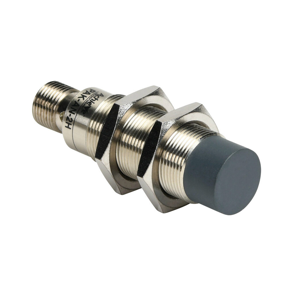 PAK-AN-2H - AchieVe inductive proximity sensor, tubular, 18mm diameter x 63.5mm body, nickel-plated brass housing, NPN, N.O. output, 8mm sensing distance, non-flush, 2 kHz switching frequency, IP67, 4-pin M12 quick-disconnect.