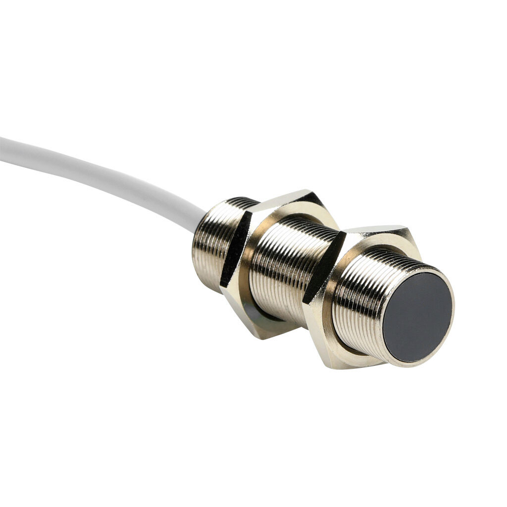 PAK-AP-1A - AchieVe inductive proximity sensor, tubular, 18mm diameter x 50mm body, nickel-plated brass housing, PNP, N.O. output, 5mm sensing distance, flush, 2 kHz switching frequency, IP67, pigtail.