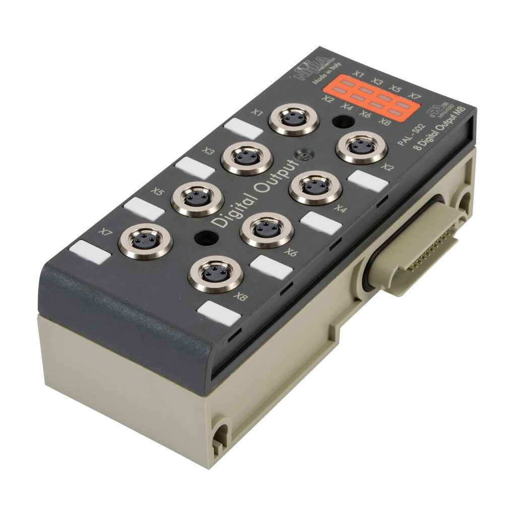 PAL-S02 - NITRA discrete output module, 8-point, 12-24 VDC, PNP/NPN, 1 common(s), 8 point(s) per common, 1A/point, 4A/common, short circuit and overload protection, IP65. Mounting hardware included. Requires PAL-EIP bus coupler.