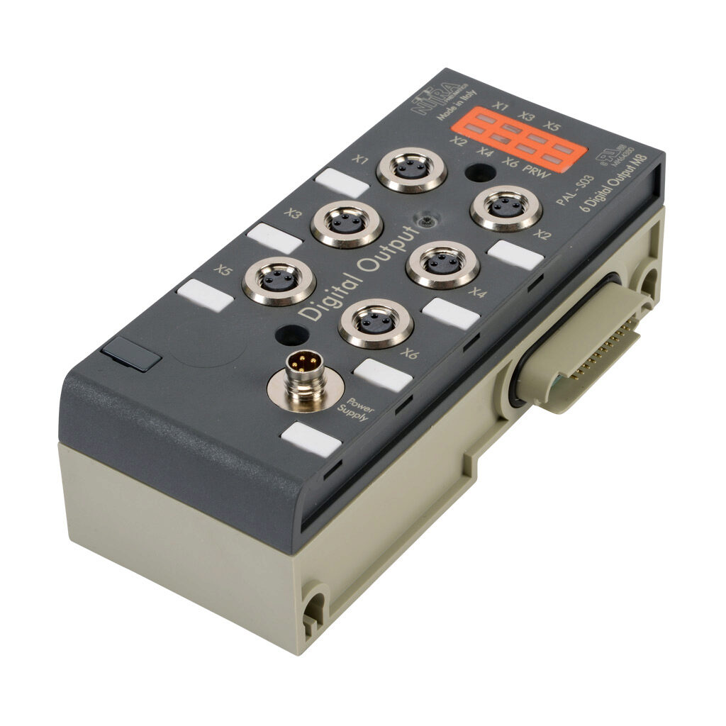 PAL-S03 - NITRA discrete output module, 6-point, 12-24 VDC, PNP/NPN, 1 common(s), 6 point(s) per common, 1A/point, 4A/common, short circuit and overload protection, IP65. Mounting hardware included. Requires PAL-EIP bus coupler and power cable.
