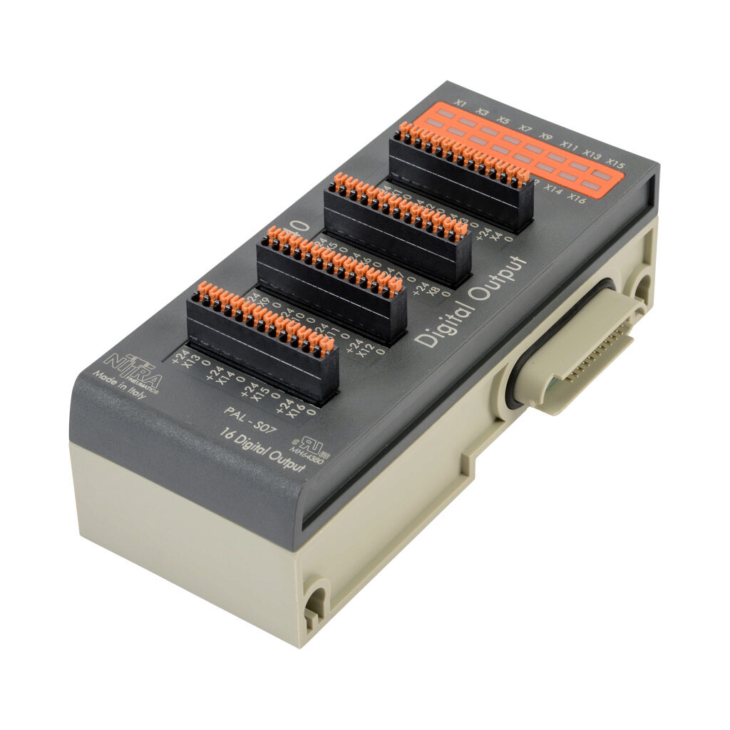 PAL-S07 - NITRA discrete output module, 16-point, 12-24 VDC, PNP/NPN, 1 common(s), 16 point(s) per common, 0.5A/point, 3A/common, short circuit and overload protection, IP40. Mounting hardware included. Requires PAL-EIP bus coupler.