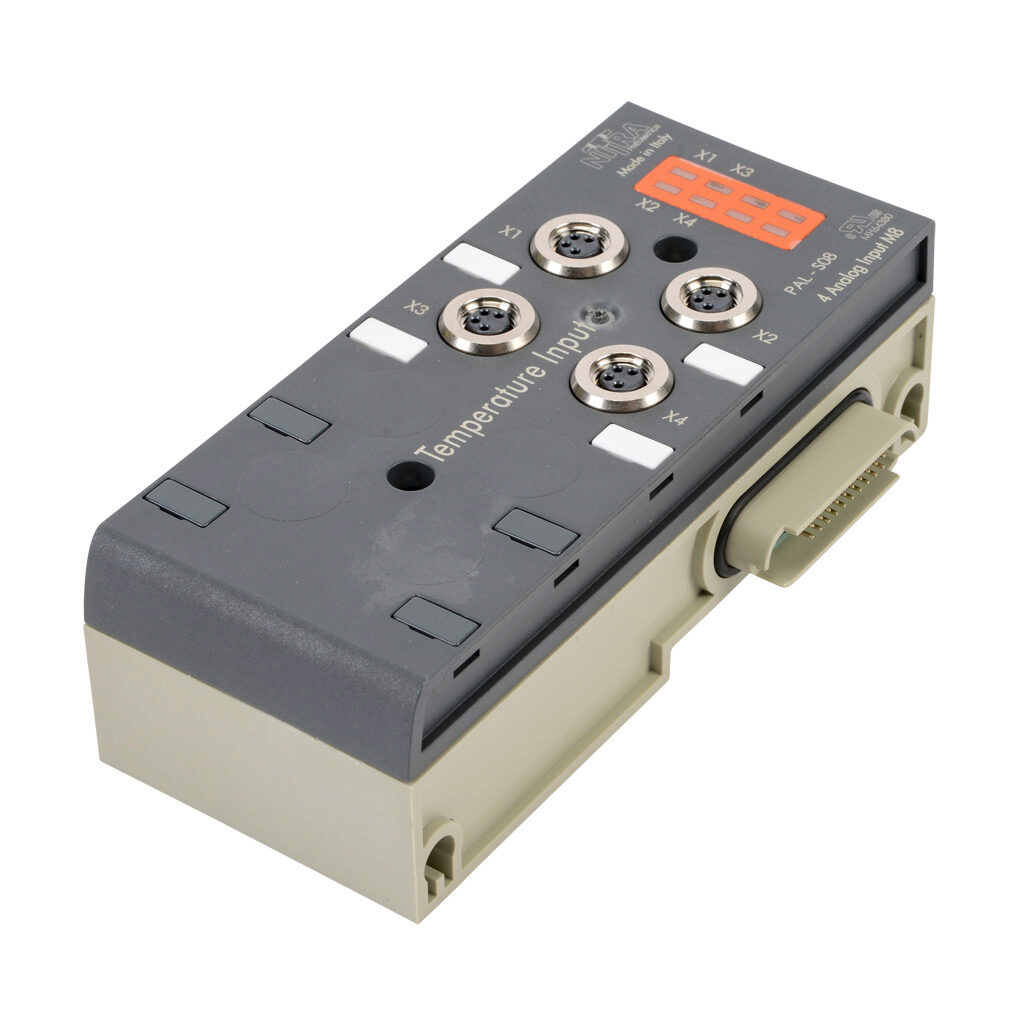 PAL-S08 - NITRA temperature input module, RTD/thermocouple, 4-channel, 15-bit resolution, IP65. Mounting hardware included. Requires PAL-EIP bus coupler.