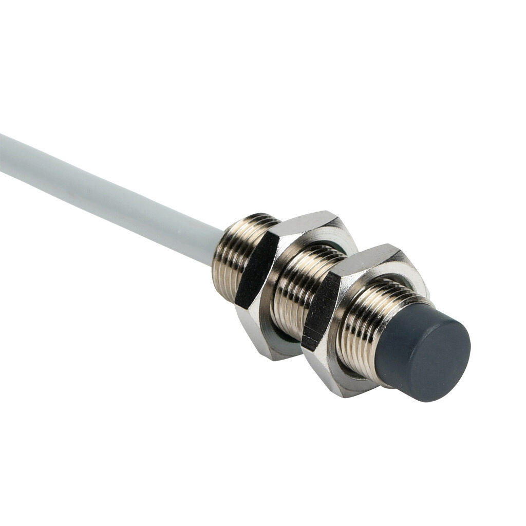 PAM-AP-2A - AchieVe inductive proximity sensor, tubular, 12mm diameter x 35mm body, nickel-plated brass housing, PNP, N.O. output, 4mm sensing distance, non-flush, 2 kHz switching frequency, IP67, pigtail.