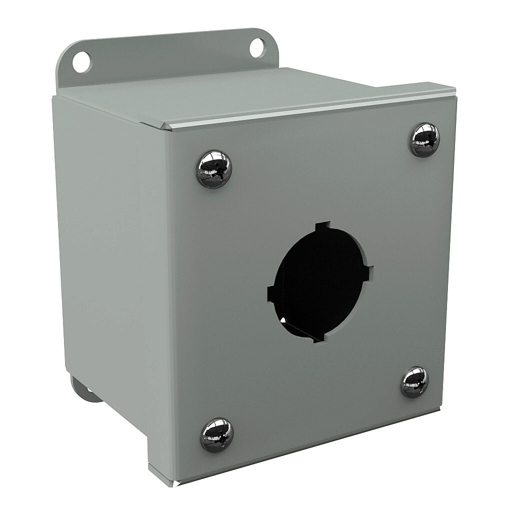 PB1 - Wiegmann pushbutton enclosure, 1 hole, 30mm, NEMA 4/12/13, 4 x 3 x 3in (HxWxD), wall mount, carbon steel, ANSI 61 gray, powder coat finish, screw cover.