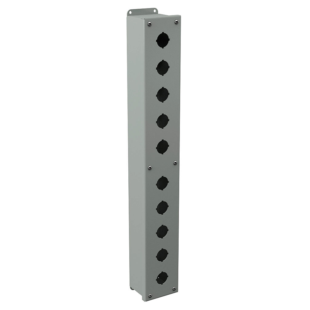 PB10 - Wiegmann pushbutton enclosure, 10 holes, 30mm, NEMA 4/12/13, 25 x 3 x 3in (HxWxD), wall mount, carbon steel, ANSI 61 gray, powder coat finish, screw cover.