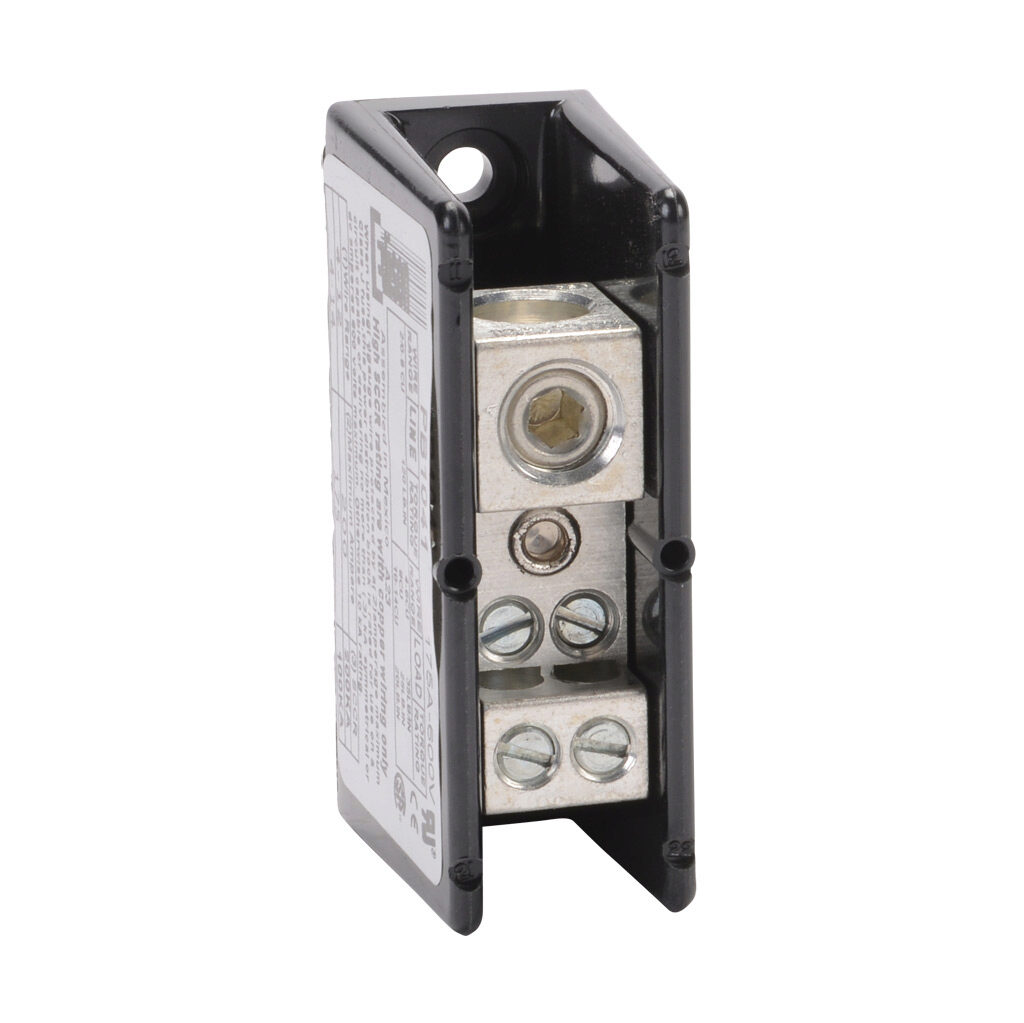 PB1041 - Edison open terminal block, 175A, 1-pole, line side: 1 opening accepts 2/0 AWG to 8 AWG, load side: 4 openings accept 4AWG to 14 AWG, panel mount, UL 1059 recognized.