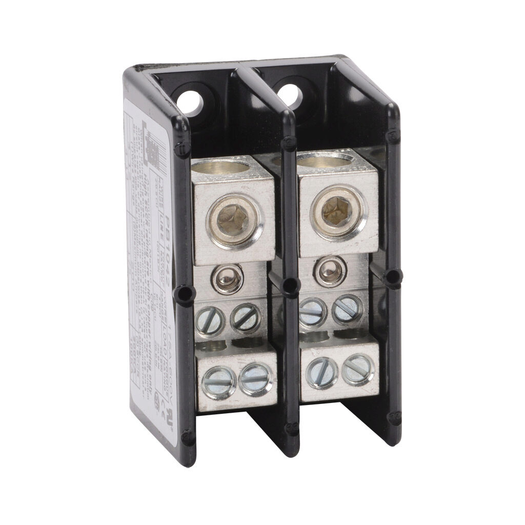 PB1042 - Edison open terminal block, 175A, 2-pole, line side: 1 opening accepts 2/0 AWG to 8 AWG, load side: 4 openings accept 4AWG to 14 AWG, panel mount, UL 1059 recognized.