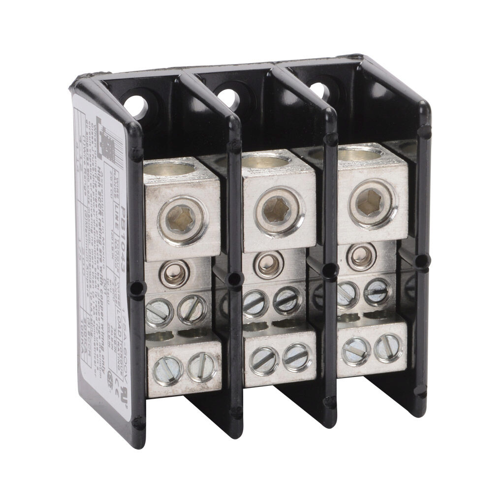 PB1043 - Edison open terminal block, 175A, 3-pole, line side: 1 opening accepts 2/0 AWG to 8 AWG, load side: 4 openings accept 4AWG to 14 AWG, panel mount, UL 1059 recognized.