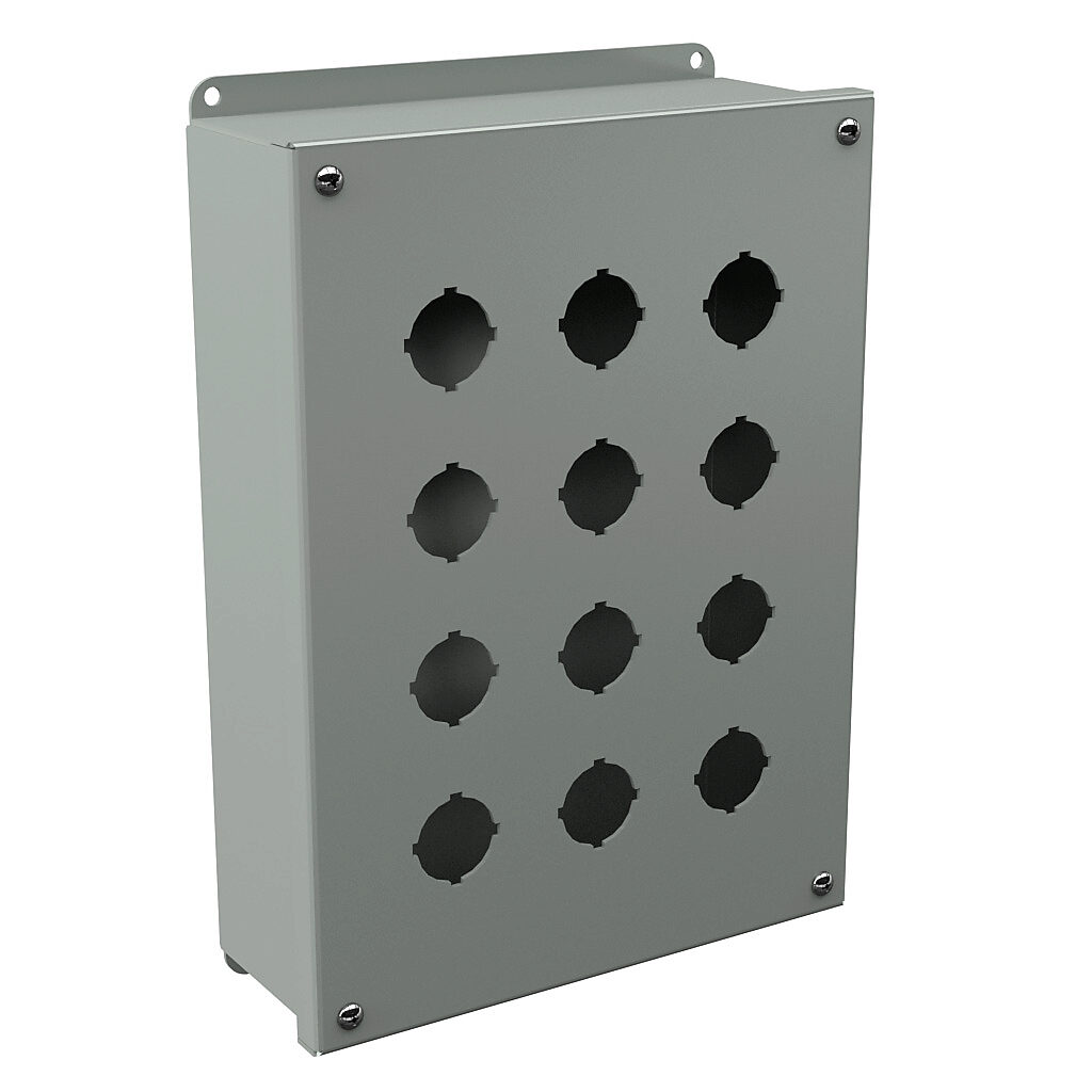 PB12 - Wiegmann pushbutton enclosure, 12 holes, 30mm, NEMA 4/12/13, 12 x 9 x 3in (HxWxD), wall mount, carbon steel, ANSI 61 gray, powder coat finish, screw cover.