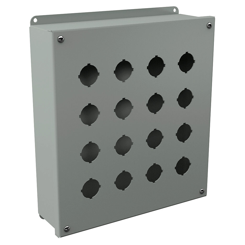 PB16 - Wiegmann pushbutton enclosure, 16 holes, 30mm, NEMA 12, 12 x 11 x 3in (HxWxD), wall mount, carbon steel, ANSI 61 gray, powder coat finish, screw cover.