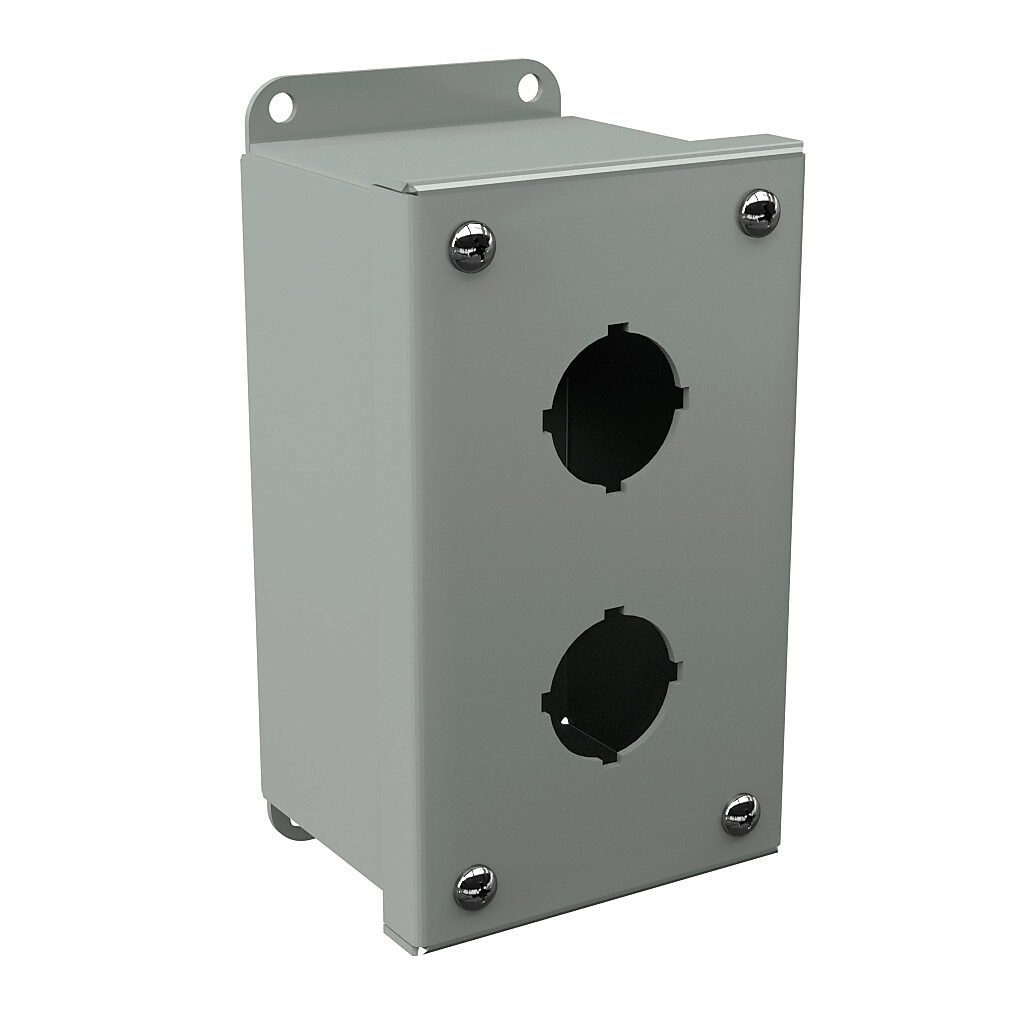 PB2 - Wiegmann pushbutton enclosure, 2 holes, 30mm, NEMA 4/12/13, 6 x 3 x 3in (HxWxD), wall mount, carbon steel, ANSI 61 gray, powder coat finish, screw cover.