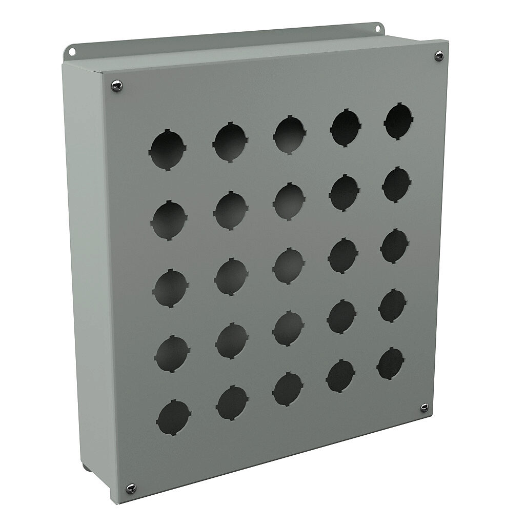 PB25 - Wiegmann pushbutton enclosure, 25 holes, 30mm, NEMA 12, 14 x 13 x 3in (HxWxD), wall mount, carbon steel, ANSI 61 gray, powder coat finish, screw cover.