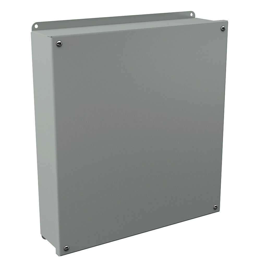 PB25BC - Wiegmann pushbutton enclosure, blank cover, NEMA 12, 14 x 13 x 3in (HxWxD), wall mount, carbon steel, ANSI 61 gray, powder coat finish, screw cover.