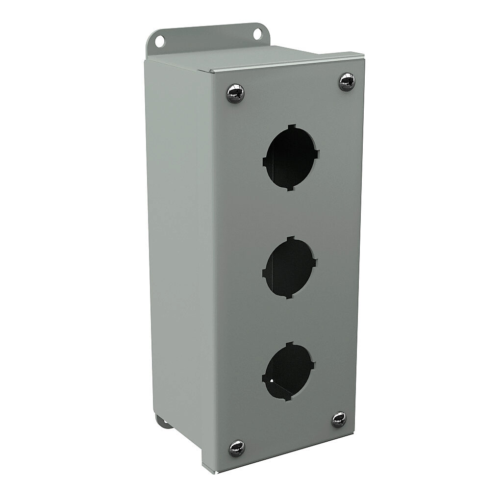 PB3 - Wiegmann pushbutton enclosure, 3 holes, 30mm, NEMA 4/12/13, 8 x 3 x 3in (HxWxD), wall mount, carbon steel, ANSI 61 gray, powder coat finish, screw cover.