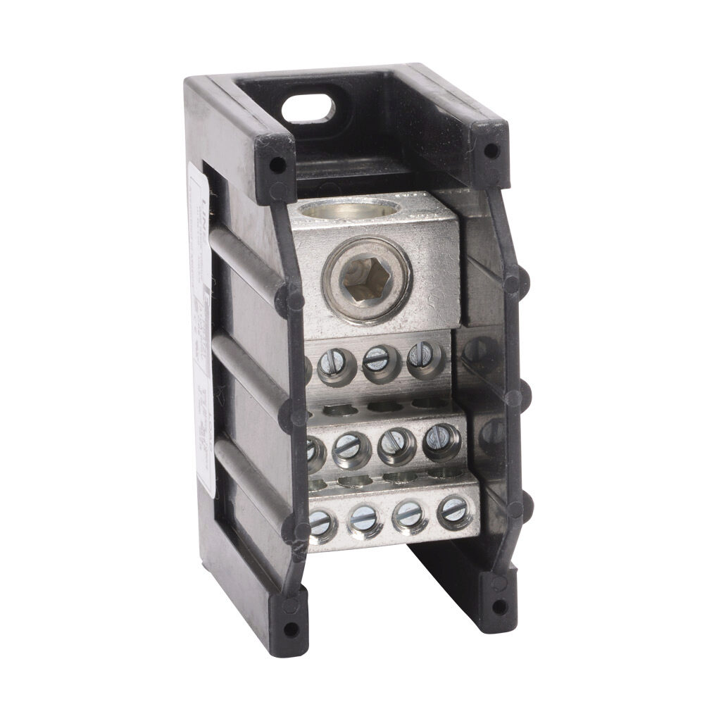 PB3121 - Edison open terminal block, 310A, 1-pole, line side: 1 opening accepts 350 MCM to 4 AWG, load side: 12 openings accept 4AWG to 12 AWG, panel mount, UL 1059 recognized.