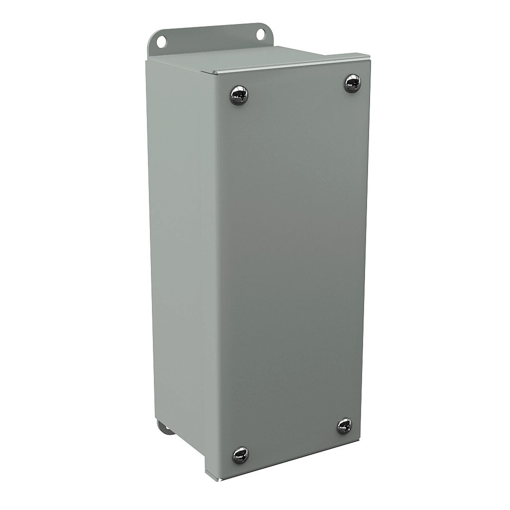 PB3BC - Wiegmann pushbutton enclosure, blank cover, NEMA 4/12/13, 8 x 3 x 3in (HxWxD), wall mount, carbon steel, ANSI 61 gray, powder coat finish, screw cover.