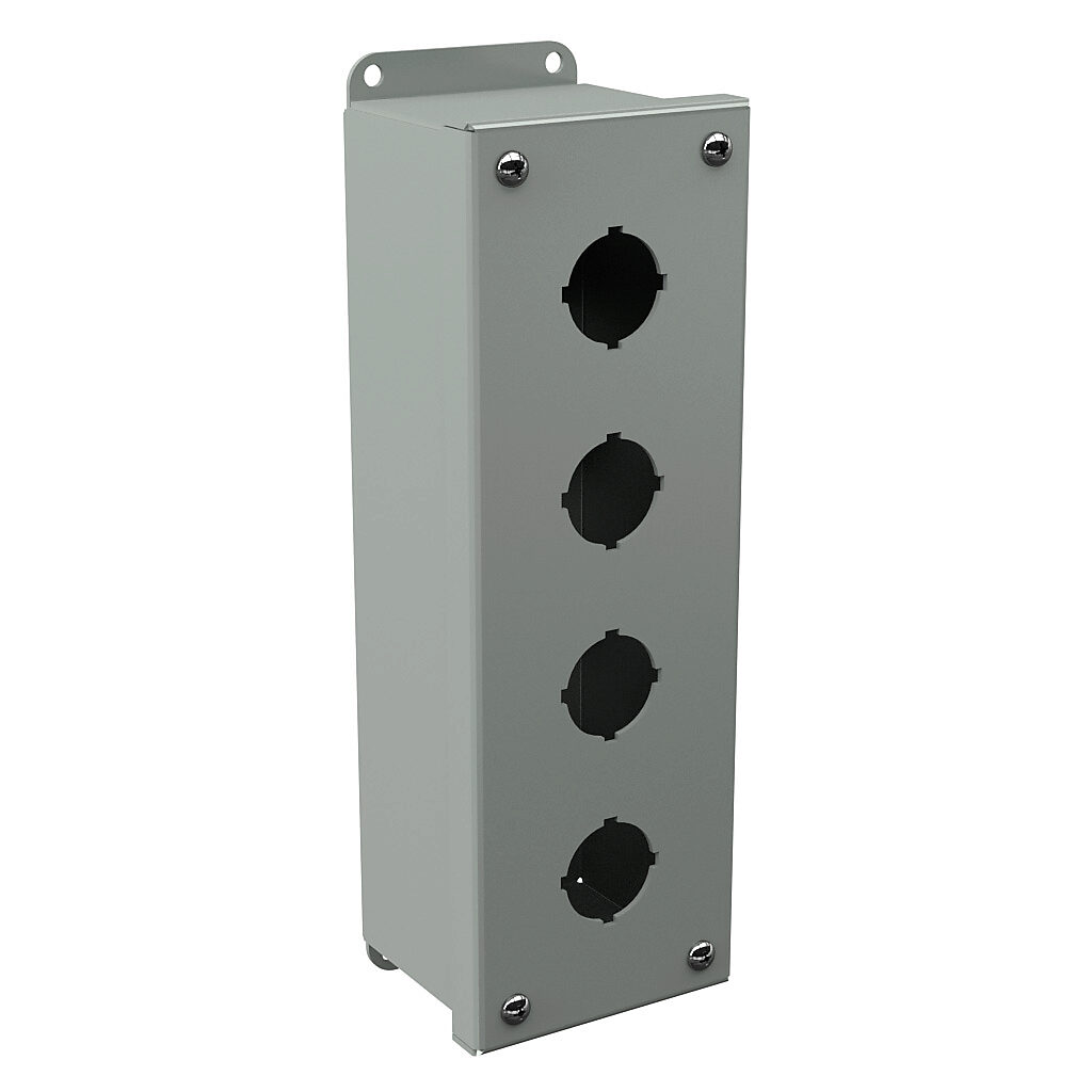 PB4 - Wiegmann pushbutton enclosure, 4 holes, 30mm, NEMA 4/12/13, 10 x 3 x 3in (HxWxD), wall mount, carbon steel, ANSI 61 gray, powder coat finish, screw cover.
