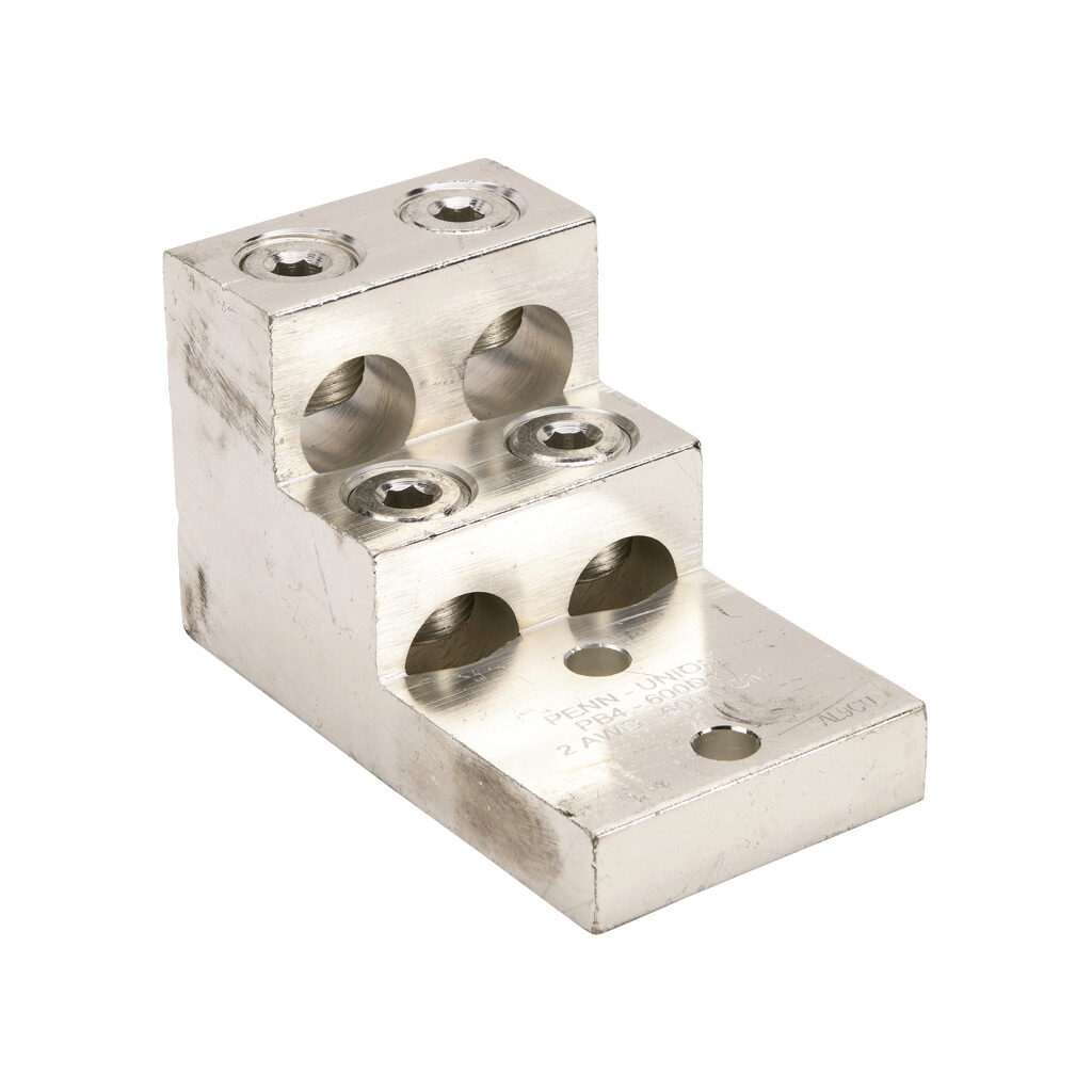 PB4-600D1-1 - Penn-Union mechanical lug, panelboard, tin-plated aluminum, 600V, 4 openings, (1) 2 AWG-600 MCM stranded copper or aluminum, AL9CU.