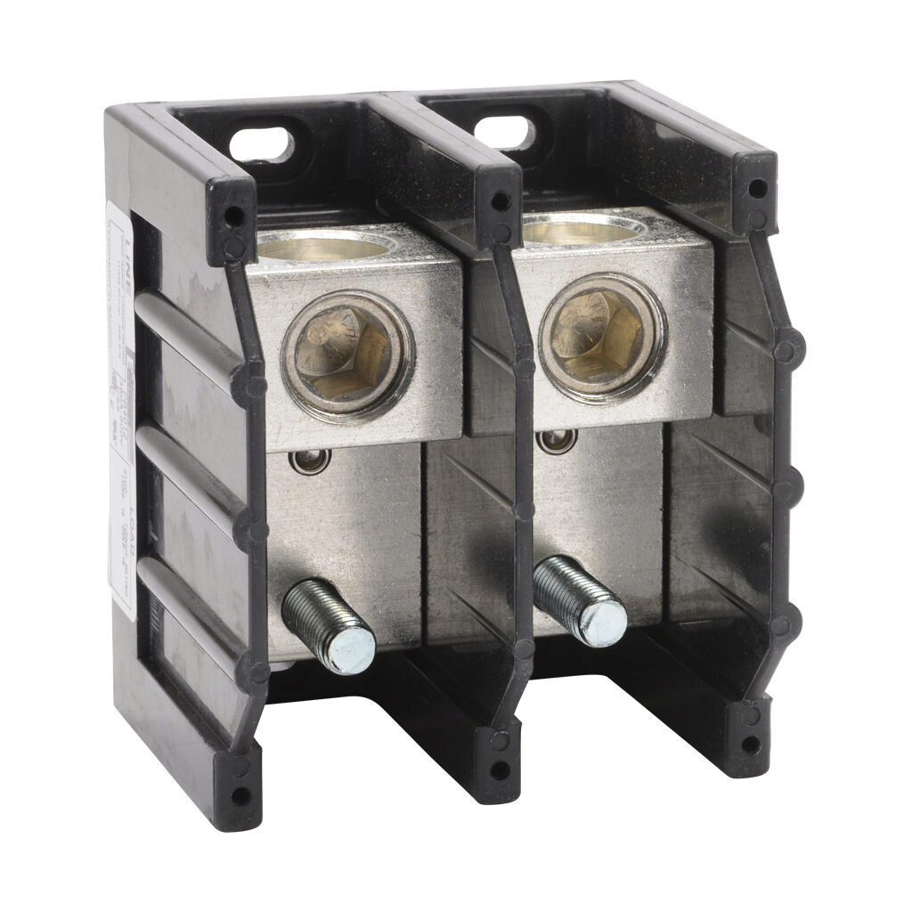 PB4012 - Edison open terminal block, 380A, 2-pole, line side: 1 opening accepts 500 MCM to 6 AWG, load side: 3/8-16 X 1 stud, panel mount, UL 1059 recognized.