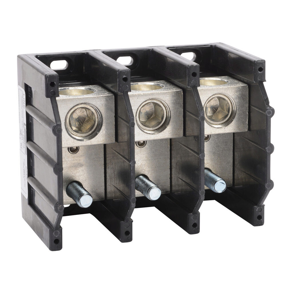PB4013 - Edison open terminal block, 380A, 3-pole, line side: 1 opening accepts 500 MCM to 6 AWG, load side: 3/8-16 X 1 stud, panel mount, UL 1059 recognized.