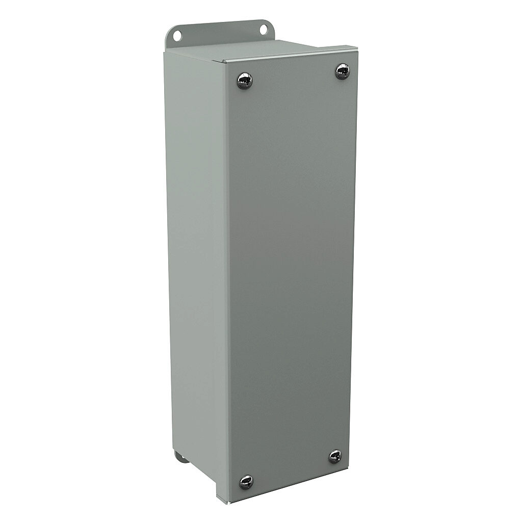 PB4BC - Wiegmann pushbutton enclosure, blank cover, NEMA 4/12/13, 10 x 3 x 3in (HxWxD), wall mount, carbon steel, ANSI 61 gray, powder coat finish, screw cover.