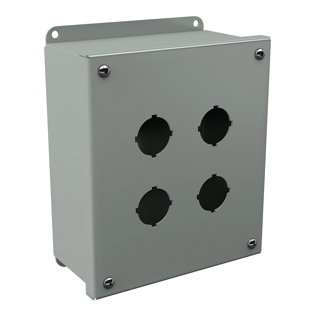 PB4S - Wiegmann pushbutton enclosure, 4 holes, 30mm, NEMA 4/12/13, 7 x 6 x 3in (HxWxD), wall mount, carbon steel, ANSI 61 gray, powder coat finish, screw cover.
