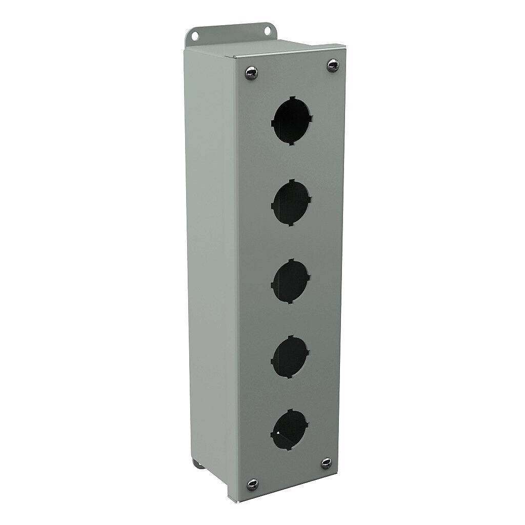 PB5 - Wiegmann pushbutton enclosure, 5 holes, 30mm, NEMA 4/12/13, 13 x 3 x 3in (HxWxD), wall mount, carbon steel, ANSI 61 gray, powder coat finish, screw cover.