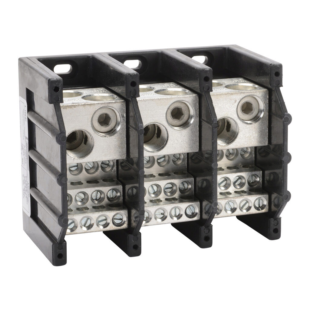 PB5123 - Edison open terminal block, 570A, 3-pole, line side: 2 openings accept 300 MCM to 4 AWG, load side: 12 openings accept 4AWG to 14 AWG, panel mount, UL 1059 recognized.