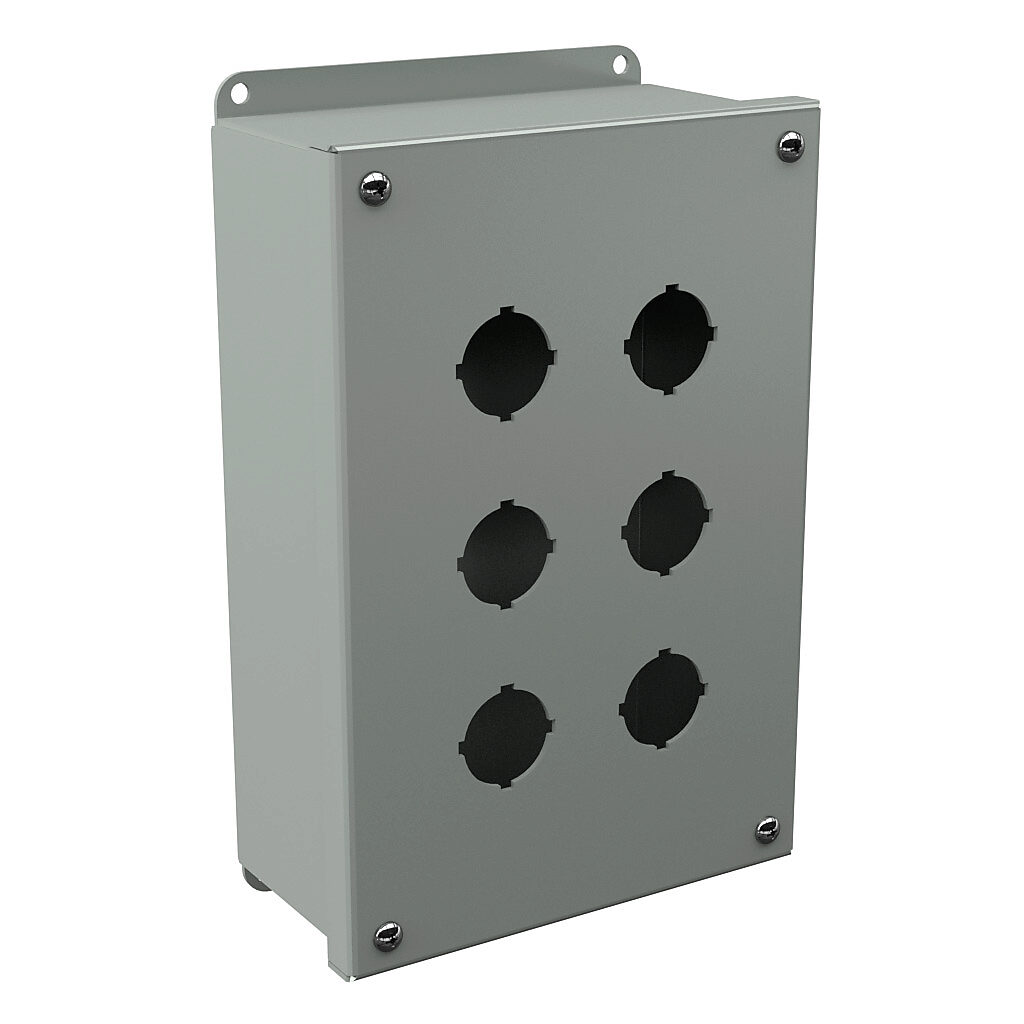 PB6 - Wiegmann pushbutton enclosure, 6 holes, 30mm, NEMA 4/12/13, 10 x 6 x 3in (HxWxD), wall mount, carbon steel, ANSI 61 gray, powder coat finish, screw cover.
