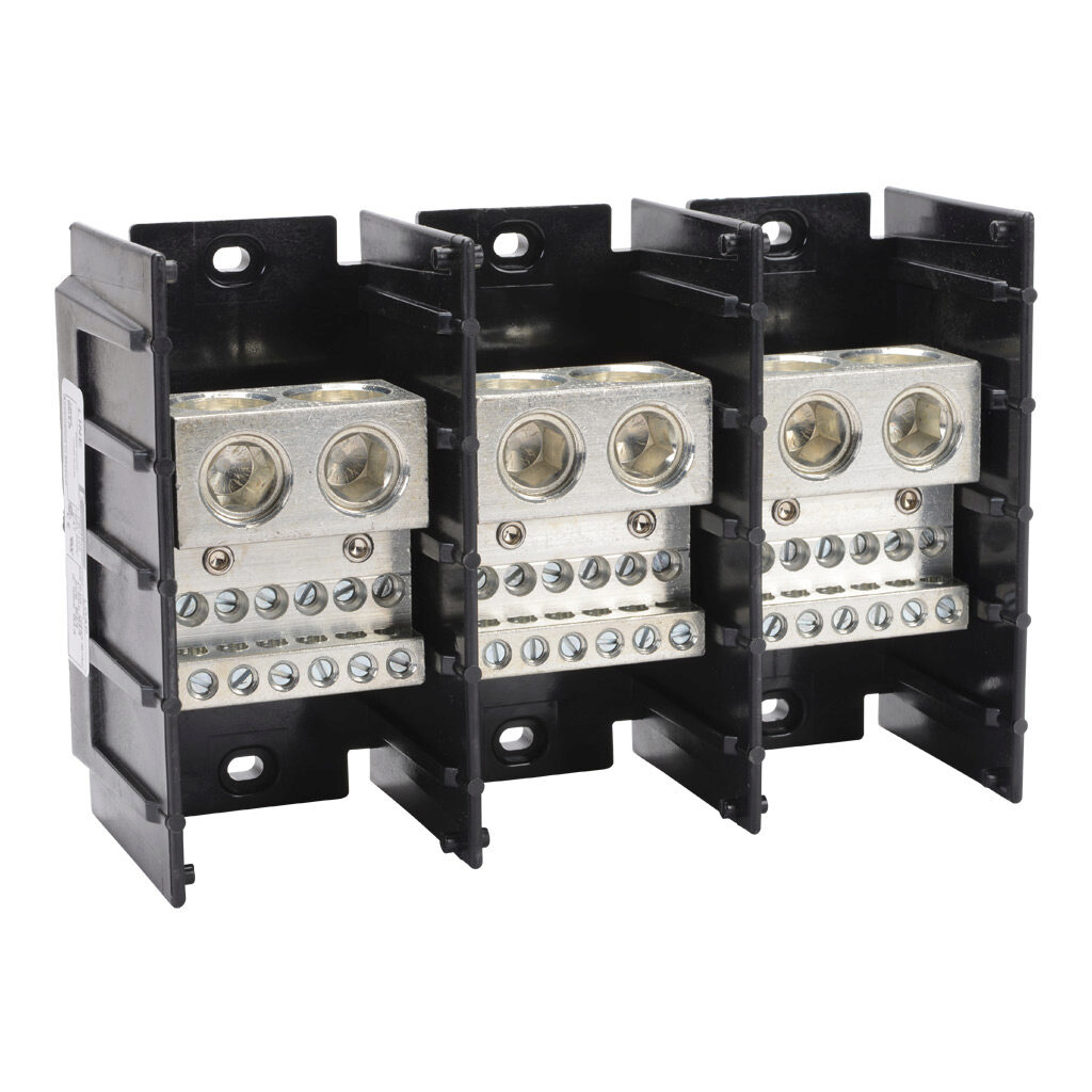 PB7123 - Edison open terminal block, 760A, 3-pole, line side: 2 openings accept 500 MCM to 6 AWG, load side: 12 openings accept 4AWG to 14 AWG, panel mount, UL 1059 recognized.