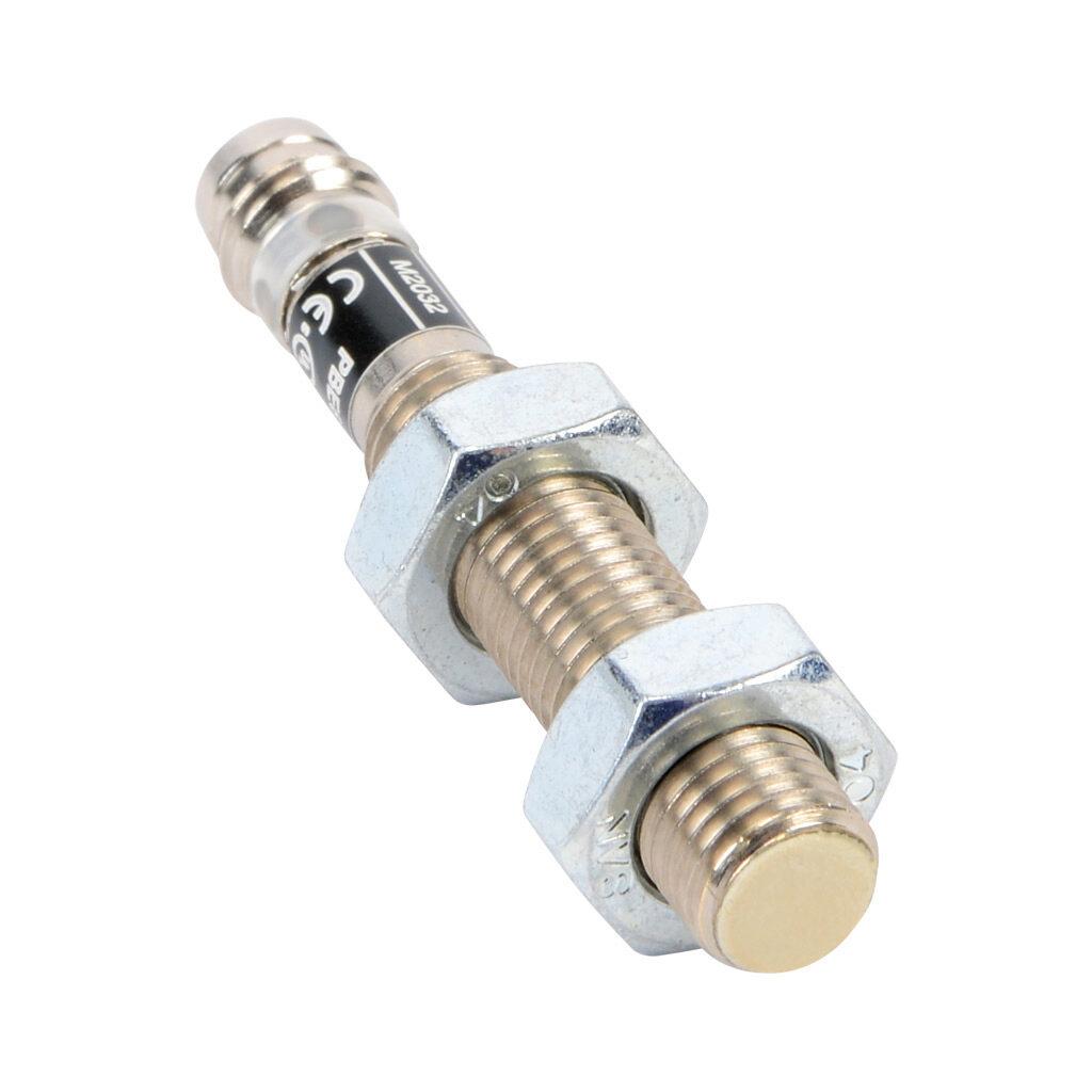 PBE6-AN-1F - ProSense inductive proximity sensor, tubular, 8mm diameter x 49.9mm body, nickel-plated brass housing, NPN, N.O. output, 1.5mm sensing distance, flush, 1000 Hz switching frequency, IP67, 3-pin M8 quick-disconnect.
