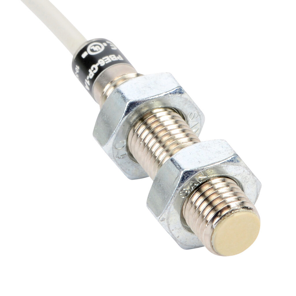 PBE6-CP-1A - ProSense inductive proximity sensor, tubular, 8mm diameter x 40.4mm body, nickel-plated brass housing, PNP, N.C. output, 1.5mm sensing distance, flush, 1000 Hz switching frequency, IP67, pigtail.