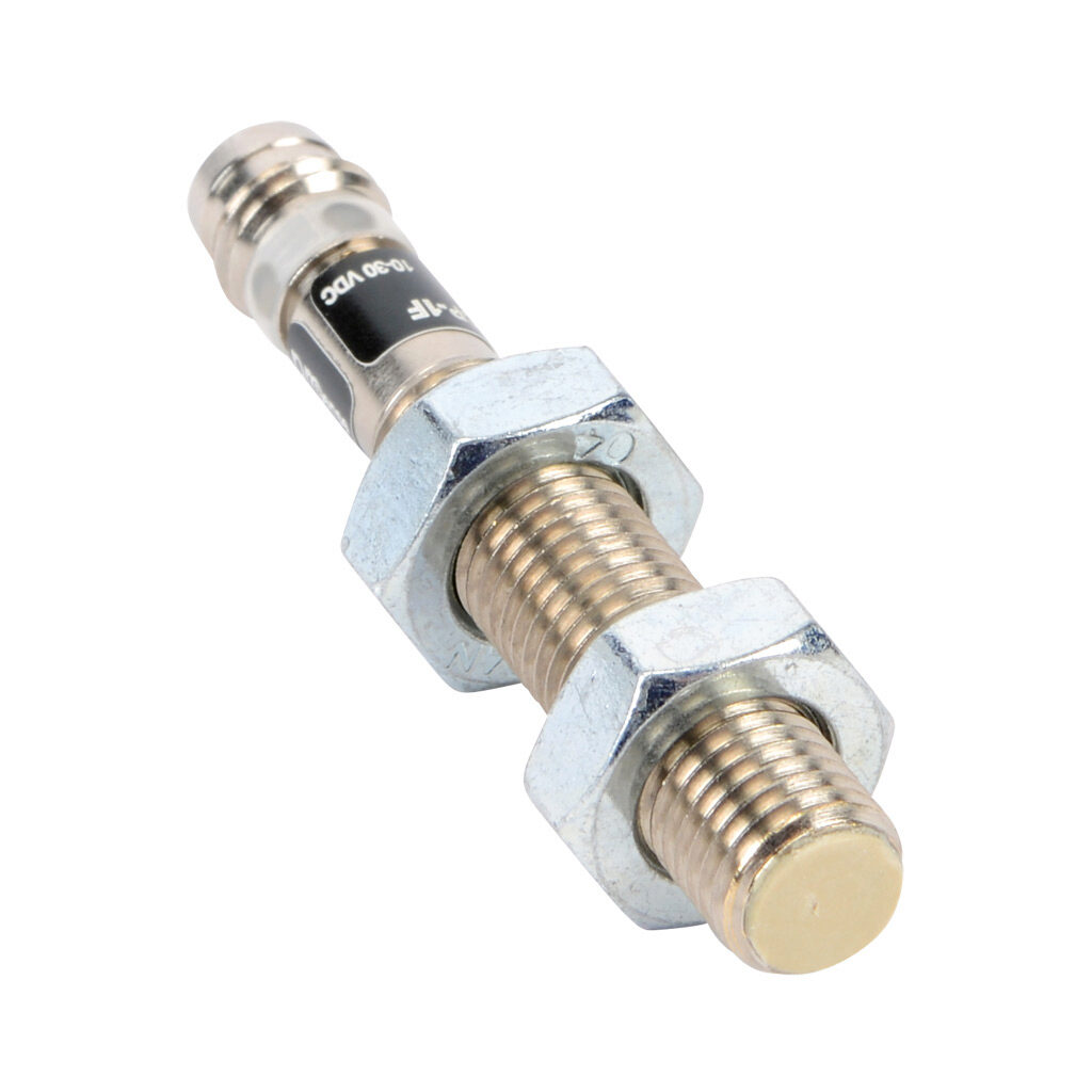 PBE6-CP-1F - ProSense inductive proximity sensor, tubular, 8mm diameter x 49.9mm body, nickel-plated brass housing, PNP, N.C. output, 1.5mm sensing distance, flush, 1000 Hz switching frequency, IP67, 3-pin M8 quick-disconnect.