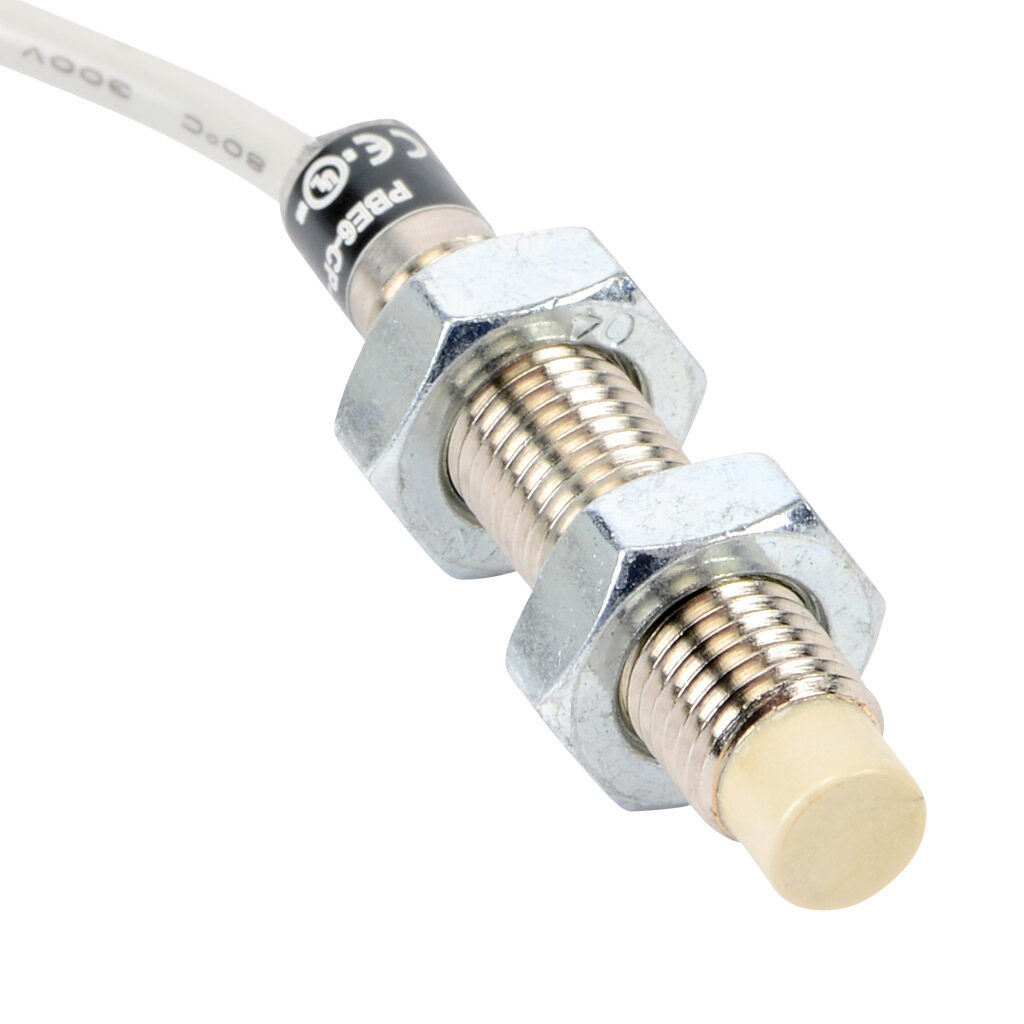 PBE6-CP-2A - ProSense inductive proximity sensor, tubular, 8mm diameter x 44.4mm body, nickel-plated brass housing, PNP, N.C. output, 2mm sensing distance, non-flush, 1000 Hz switching frequency, IP67, pigtail.