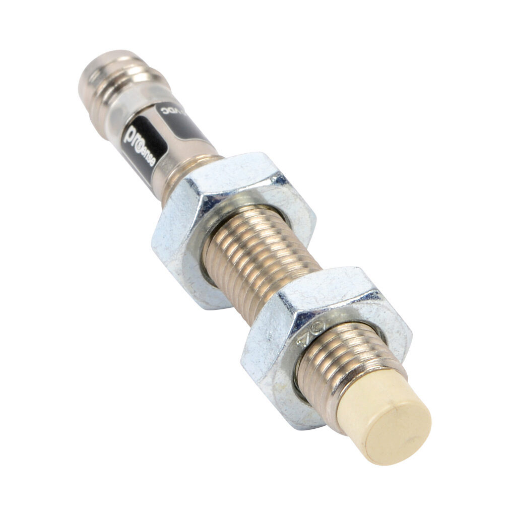 PBE6-CP-2F - ProSense inductive proximity sensor, tubular, 8mm diameter x 53.9mm body, nickel-plated brass housing, PNP, N.C. output, 2mm sensing distance, non-flush, 1000 Hz switching frequency, IP67, 3-pin M8 quick-disconnect.