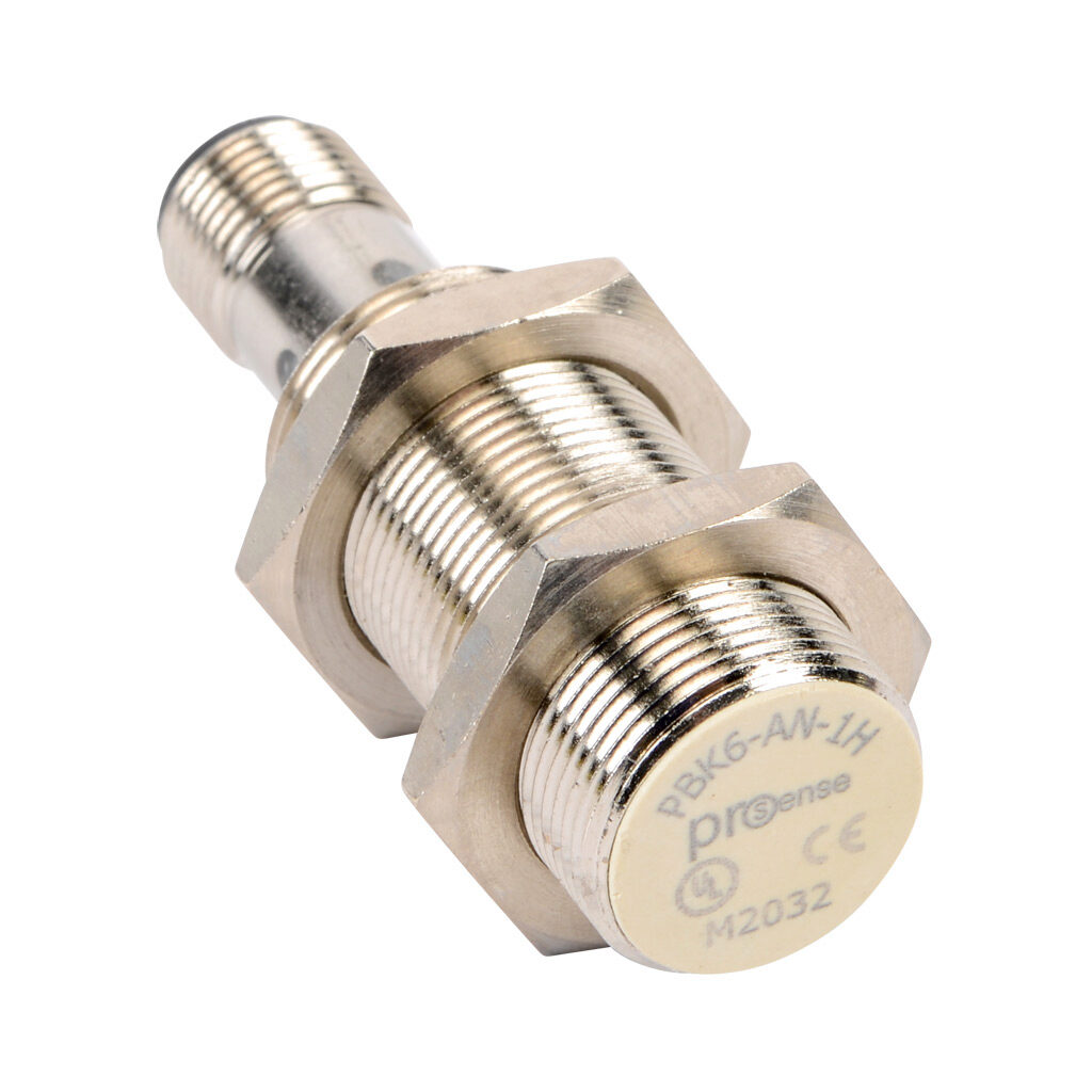 PBK6-AN-1H - ProSense inductive proximity sensor, tubular, 18mm diameter x 56.4mm body, nickel-plated brass housing, NPN, N.O. output, 5mm sensing distance, flush, 1000 Hz switching frequency, IP67, 4-pin M12 quick-disconnect.