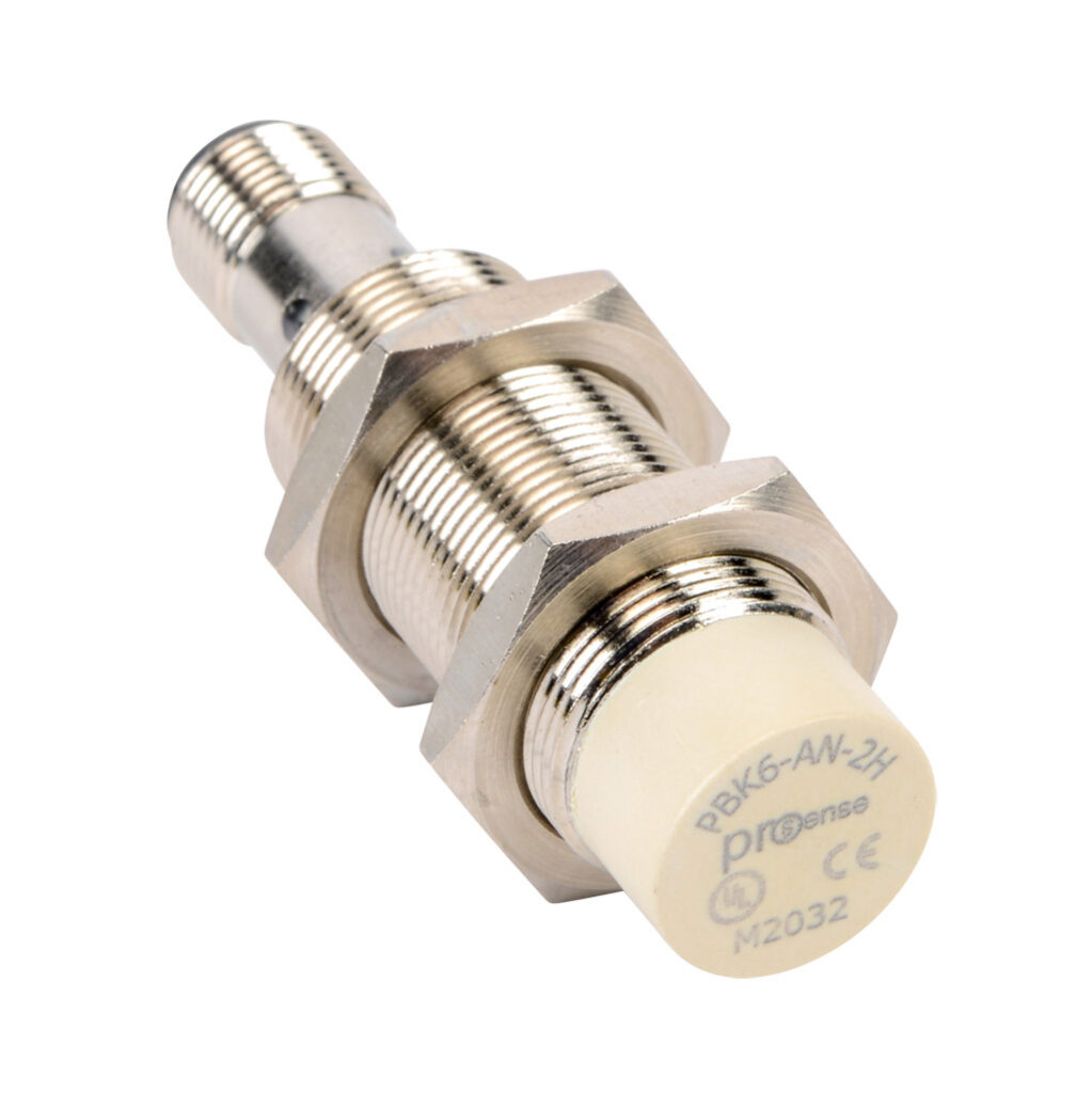 PBK6-AN-2H - ProSense inductive proximity sensor, tubular, 18mm diameter x 65.2mm body, nickel-plated brass housing, NPN, N.O. output, 8mm sensing distance, non-flush, 1000 Hz switching frequency, IP67, 4-pin M12 quick-disconnect.