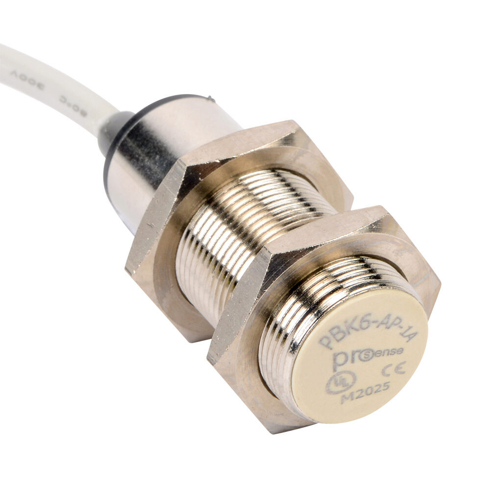 PBK6-AP-1A - ProSense inductive proximity sensor, tubular, 18mm diameter x 46.9mm body, nickel-plated brass housing, PNP, N.O. output, 5mm sensing distance, flush, 1000 Hz switching frequency, IP67, pigtail.