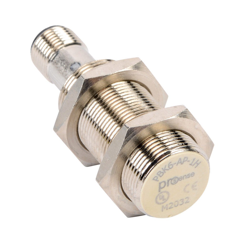 PBK6-AP-1H - ProSense inductive proximity sensor, tubular, 18mm diameter x 56.4mm body, nickel-plated brass housing, PNP, N.O. output, 5mm sensing distance, flush, 1000 Hz switching frequency, IP67, 4-pin M12 quick-disconnect.