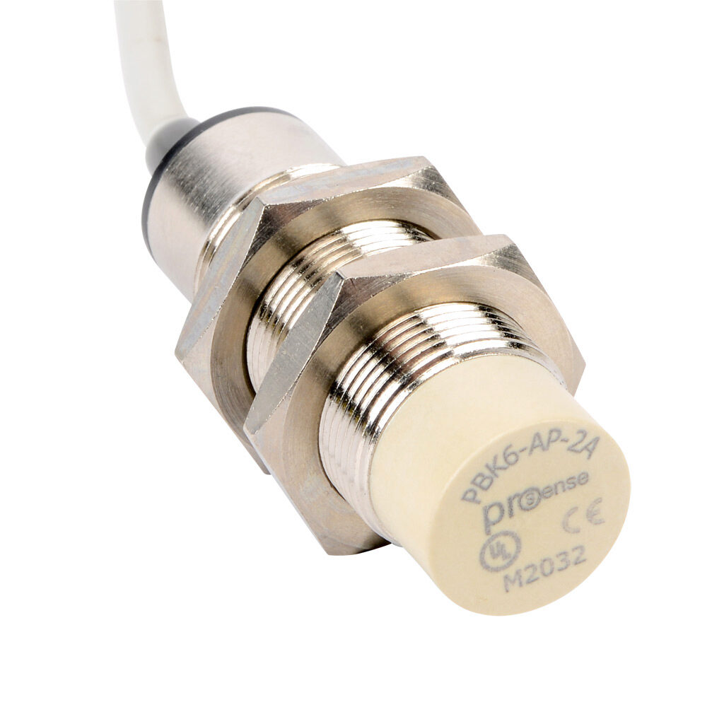 PBK6-AP-2A - ProSense inductive proximity sensor, tubular, 18mm diameter x 55.7mm body, nickel-plated brass housing, PNP, N.O. output, 8mm sensing distance, non-flush, 1000 Hz switching frequency, IP67, pigtail.