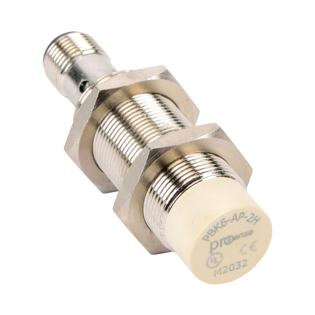 PBK6-AP-2H - ProSense inductive proximity sensor, tubular, 18mm diameter x 65.2mm body, nickel-plated brass housing, PNP, N.O. output, 8mm sensing distance, non-flush, 1000 Hz switching frequency, IP67, 4-pin M12 quick-disconnect.